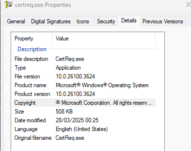 Showing the 'Details' tab of certreq.exe.