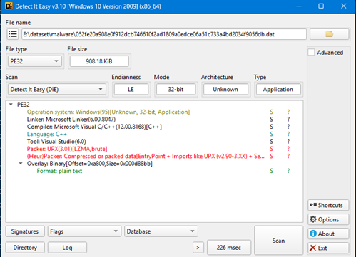 Screenshot showing Detect It Easy's evaluation of the sample malware binary.